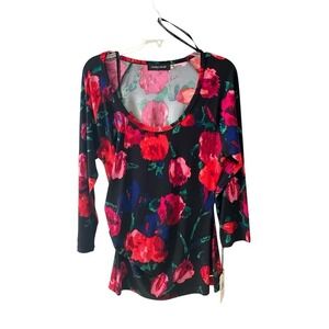 Ivanka Trump Blouse Top Women SZ L Black Floral Long Sleeve Pullover Scoop Neck